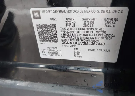 2021 Chevrolet Equinox Fwd Lt from USA, damaged, VIN 3GNAXKEV3ML367443